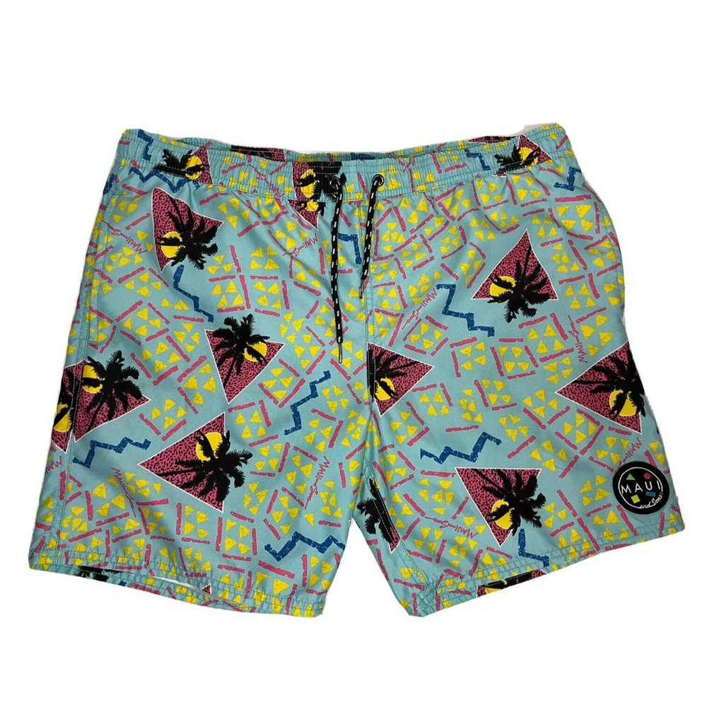 MENS MAUI AND SONS LINED SWIM Shorts Sz Medium Palm Tree 1980 Miami Vice